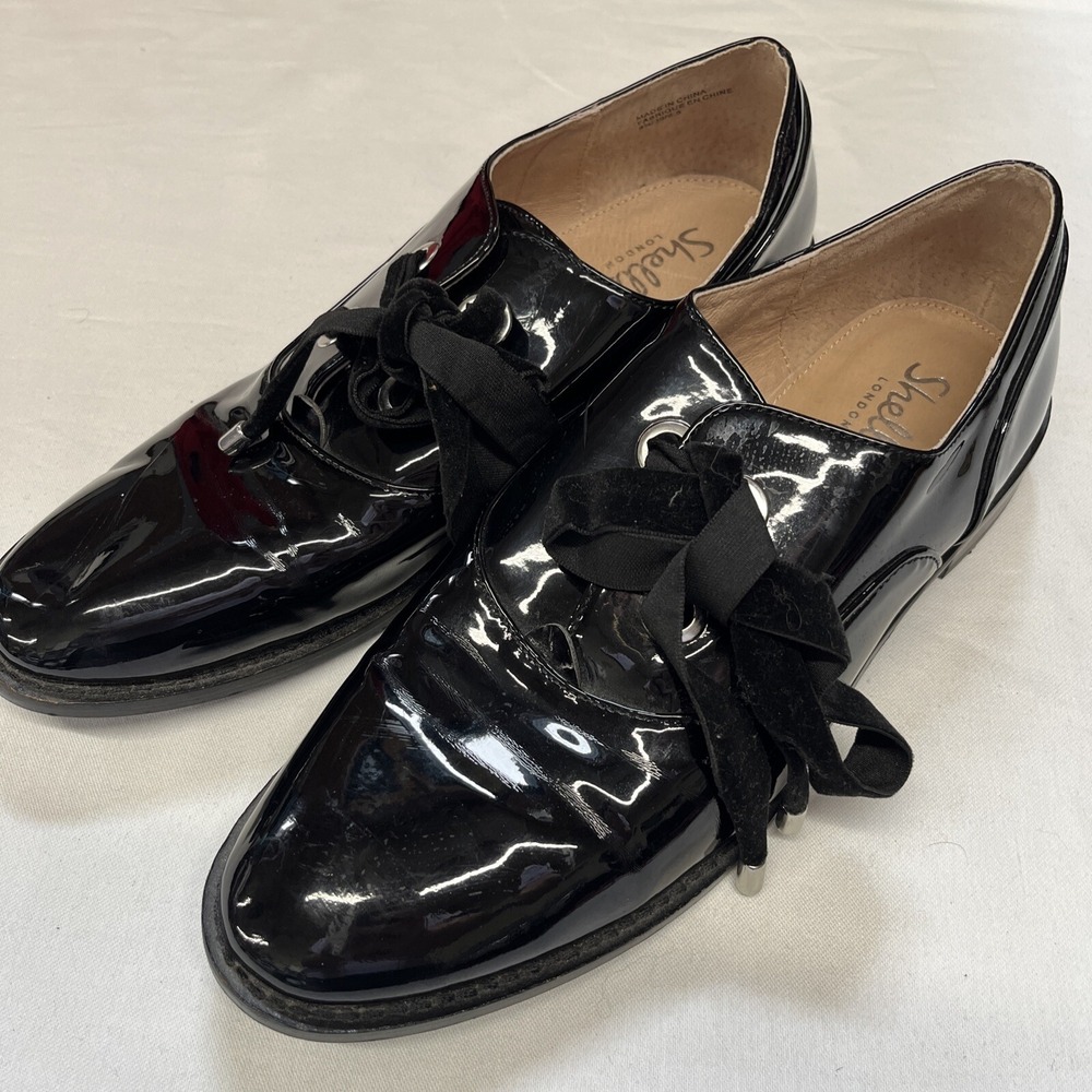 Shellys London Black Patent Leather Oxfords Women's Size 39 8.5